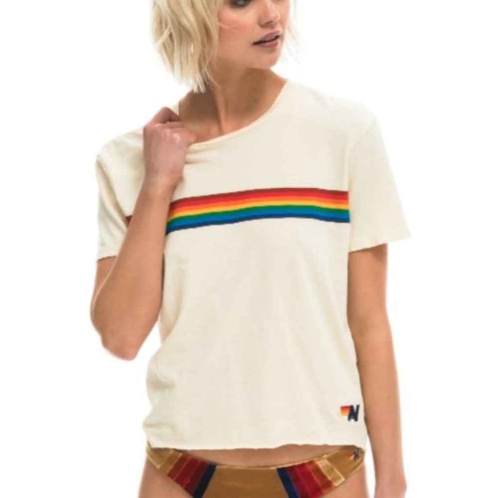 Aviator Nation Rainbow Stripe Boyfriend Tee | Size Small |